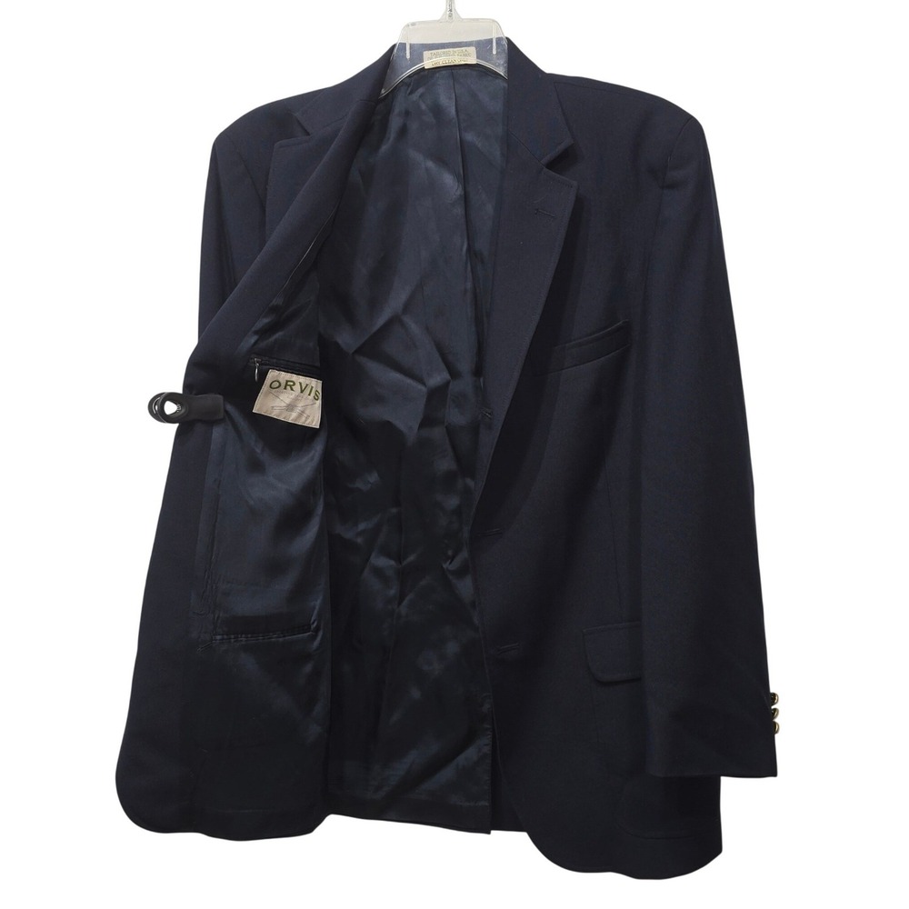 Orvis Mens 42L Navy Blue Wool Blend 3 Button Blazer Gold Crest Buttons USA Made